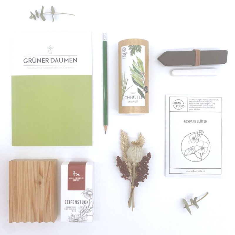 Les 6 produits du coffret afan'y "BLOOM" sont disposés à plat : un livret de jardinage et son crayon, un sachet de graines pour fleurs comestibles, un paquet de sel, des piquets de jardinage avec leur craie, un savon et son porte-savon. Un petit bouquet de fleurs séchées agrémente le coffret. Deux branches d'eucalyptus sont disposées respectivement en haut à gauche et en bas à droite de l'image. la photo est prise d'en haut.